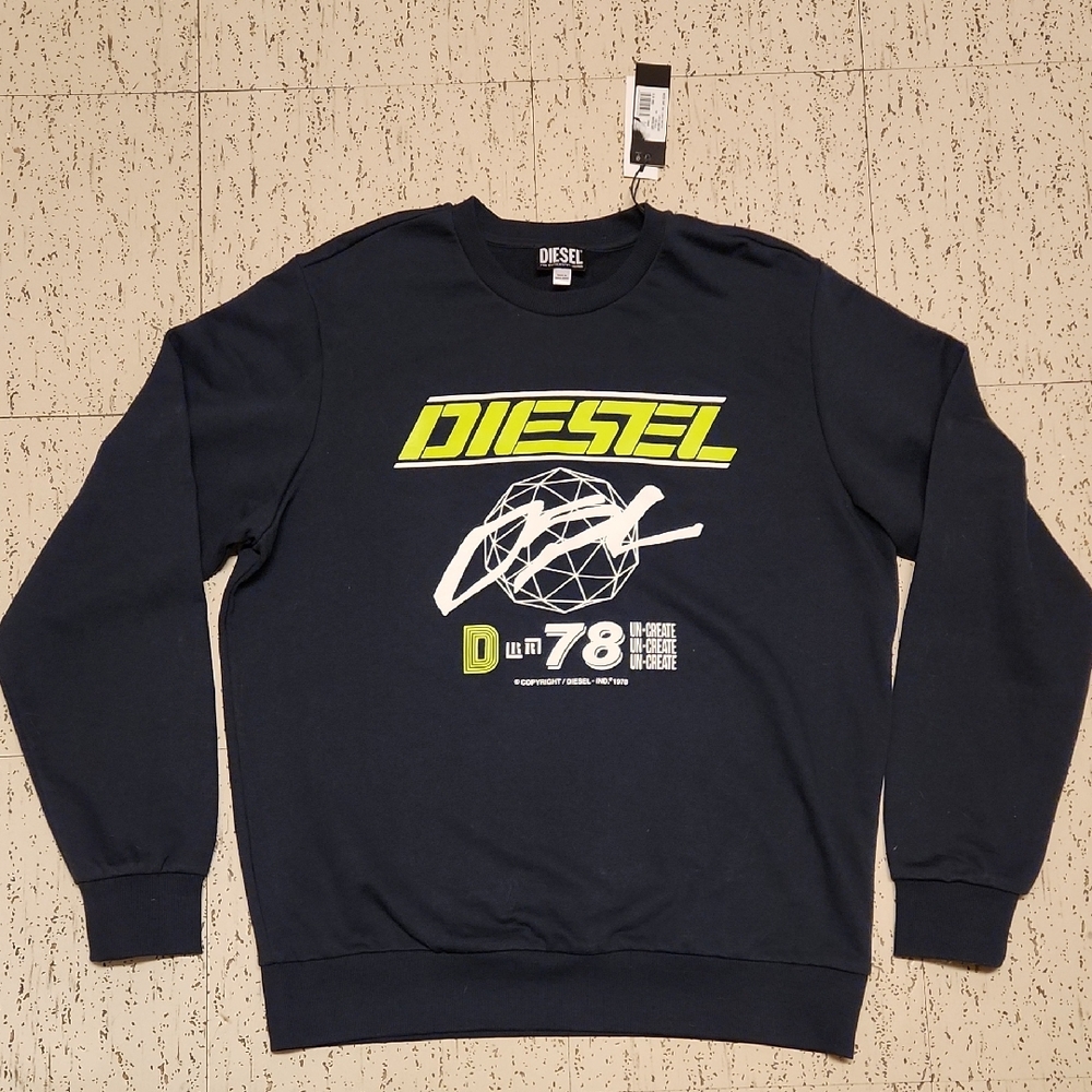 Diesel Navy Blue Big Neon Spellout Logo Pullover Crewneck Sweater NWT